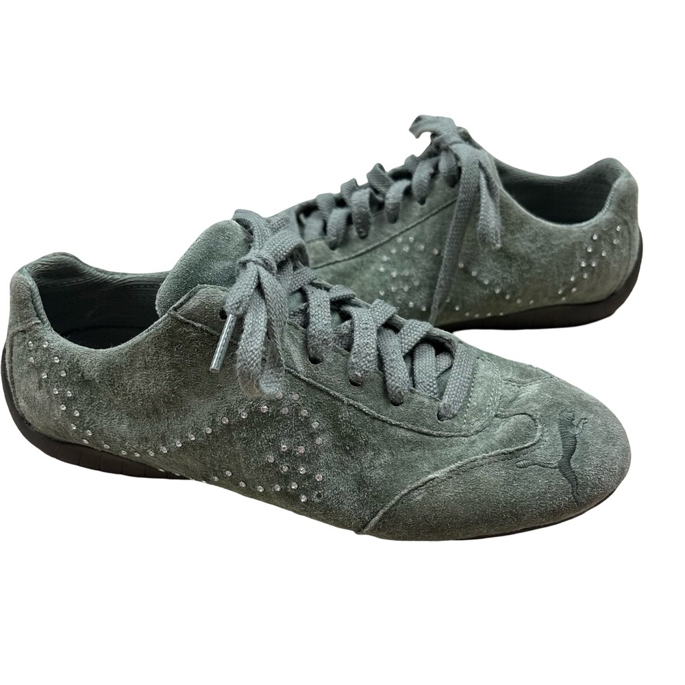 Y2K sage green Puma suede sneakers trainers girly rhinestones
